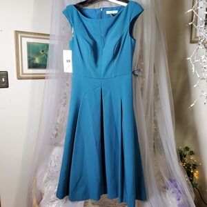 Kay Unger Teal Cocktail Formal Midi Fit & Flare Dress Sleeveless V Neck NWT Sz 6